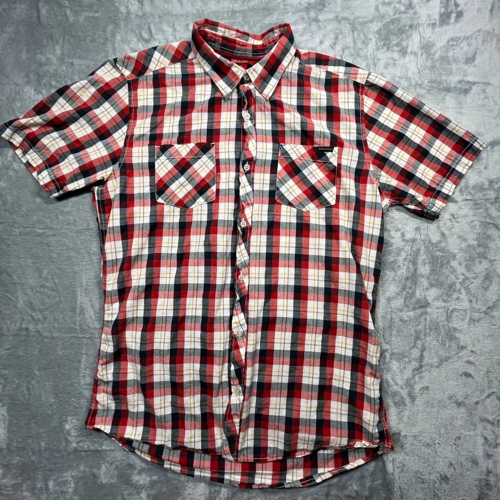 Quiksilver Plaid Button Up Shirt Mens Large Red White Black‎ Short Sleeve Surf